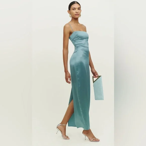 Reformation wedding guest dress size 0 Frankie Silk Dress in Teal Reformation wedding guest dress size 0 Frankie Silk Dress in Teal